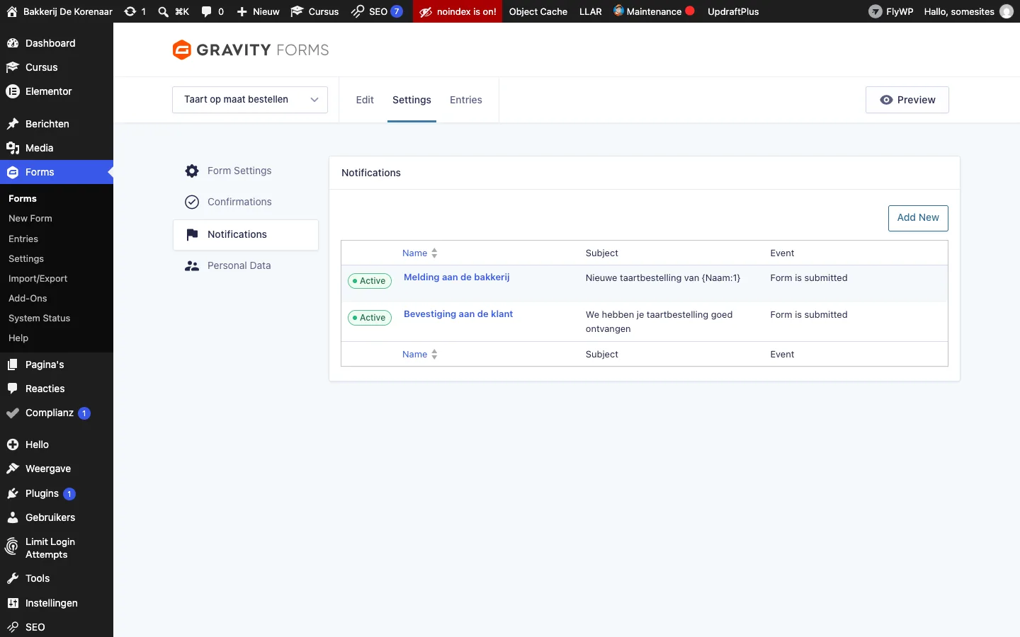 De lijst Notifications met de actieve meldingen Melding aan de bakkerij en Bevestiging aan de klant, elk met hun onderwerp en het event Form is submitted