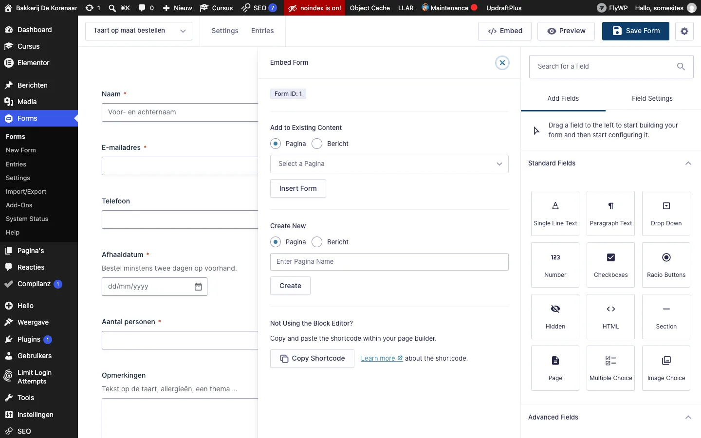 Het venster Embed Form met Form ID 1, de keuzes Add to Existing Content en Create New, en onderaan de knop Copy Shortcode