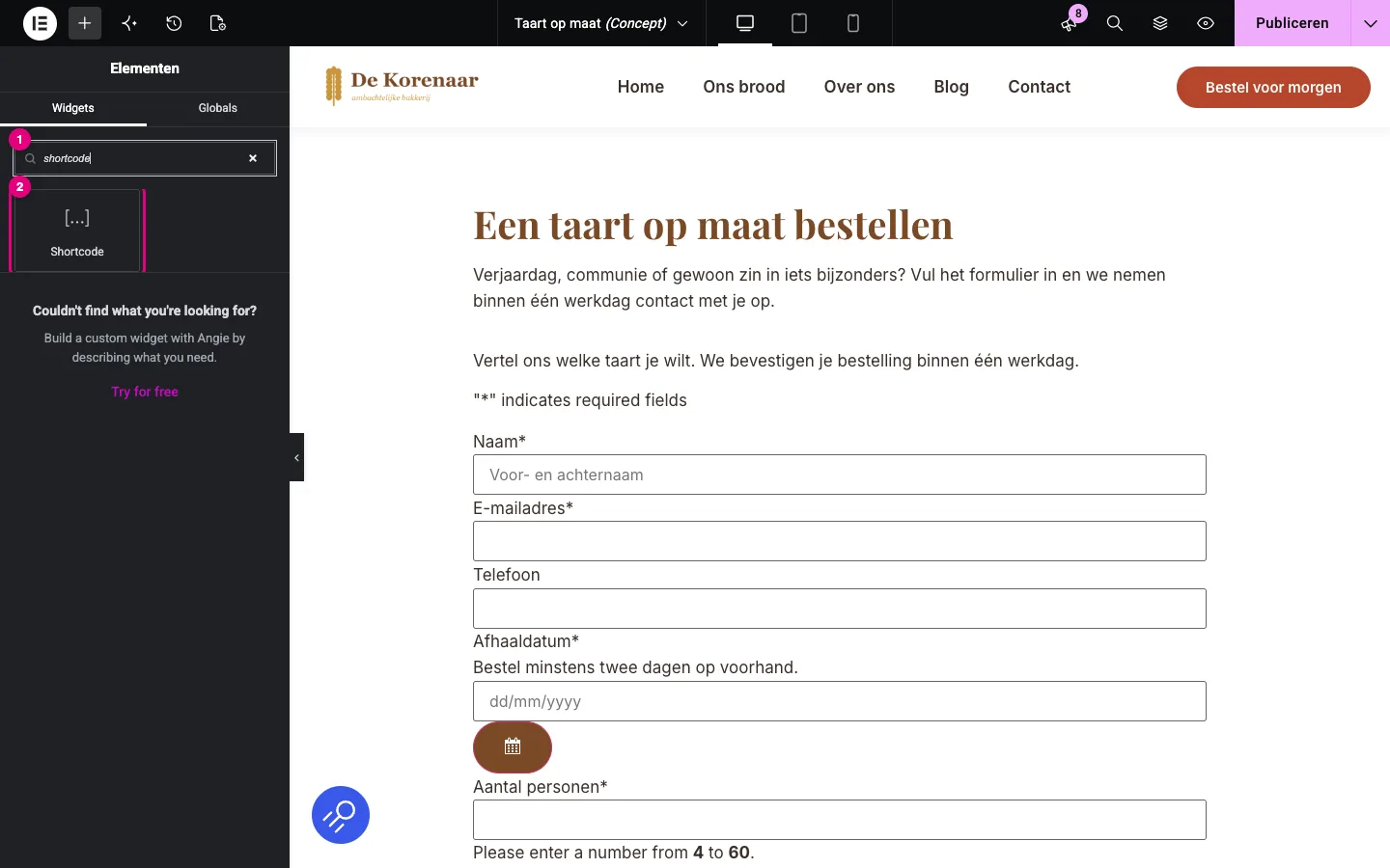 Het Elementor-widgetpaneel met in het zoekveld het woord shortcode en als resultaat de widget Shortcode