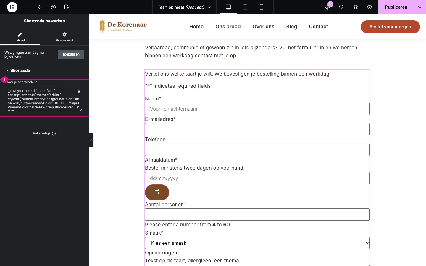De Elementor-editor van de conceptpagina Taart op maat met de Shortcode-widget geselecteerd; links staat de gravityform-shortcode in het vak, rechts het formulier in het canvas
