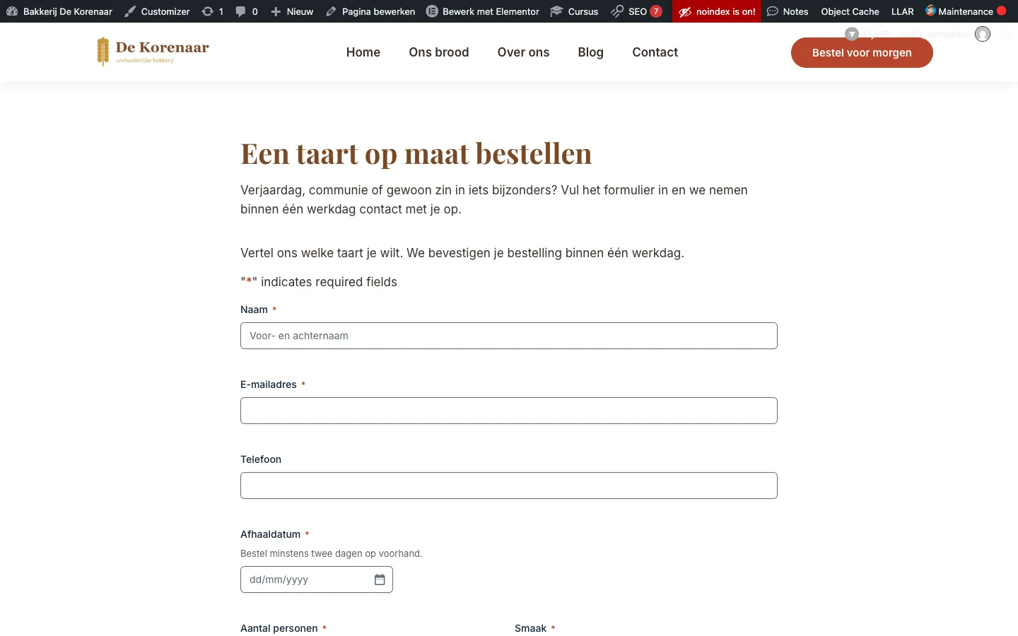 De pagina Een taart op maat bestellen op de voorkant met het Gravity Forms-formulier: Naam, E-mailadres, Telefoon, Afhaaldatum met kalendertje, Aantal personen en Smaak