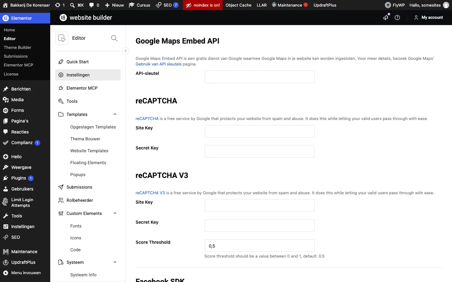 Elementor Instellingen, tabblad Integraties, met de blokken reCAPTCHA en reCAPTCHA V3, elk met een Site Key en Secret Key