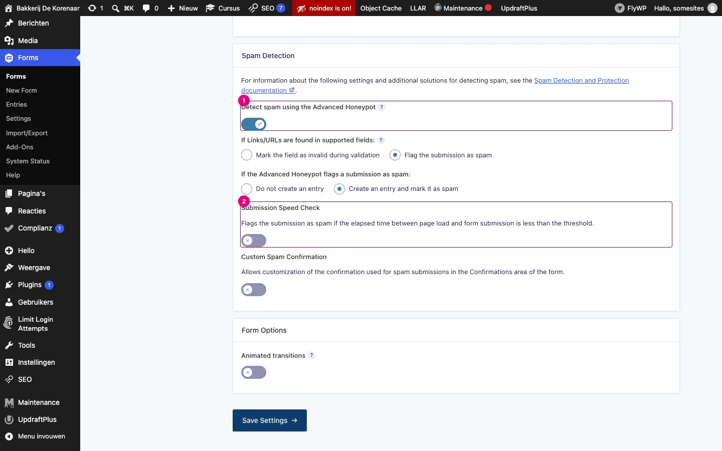 Het blok Spam Detection met de schakelaar Detect spam using the Advanced Honeypot aan en de schakelaar Submission Speed Check