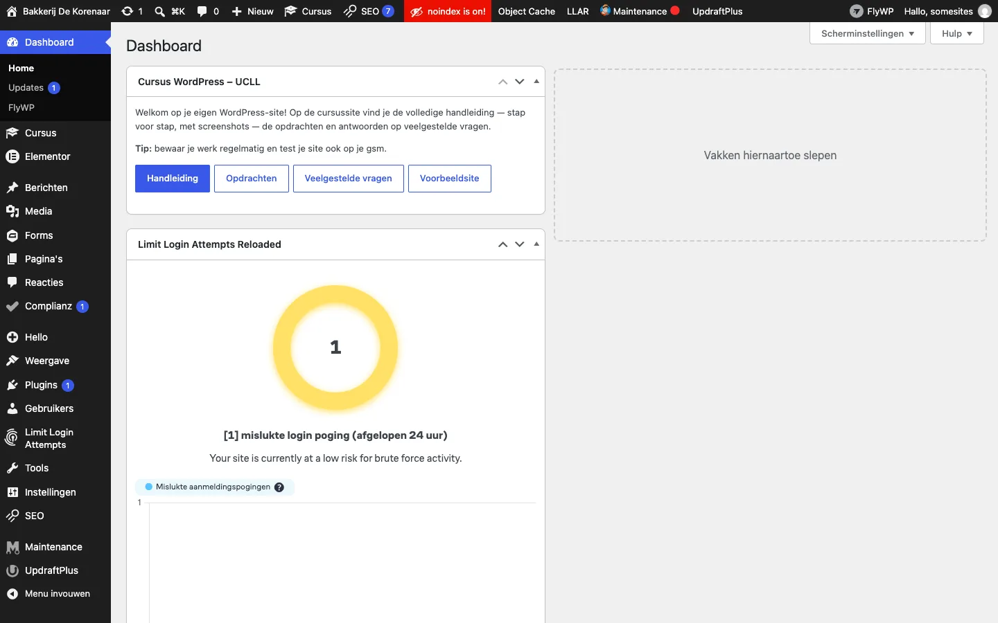 Het WordPress-dashboard met in de zwarte bovenbalk het rode vakje noindex is on!