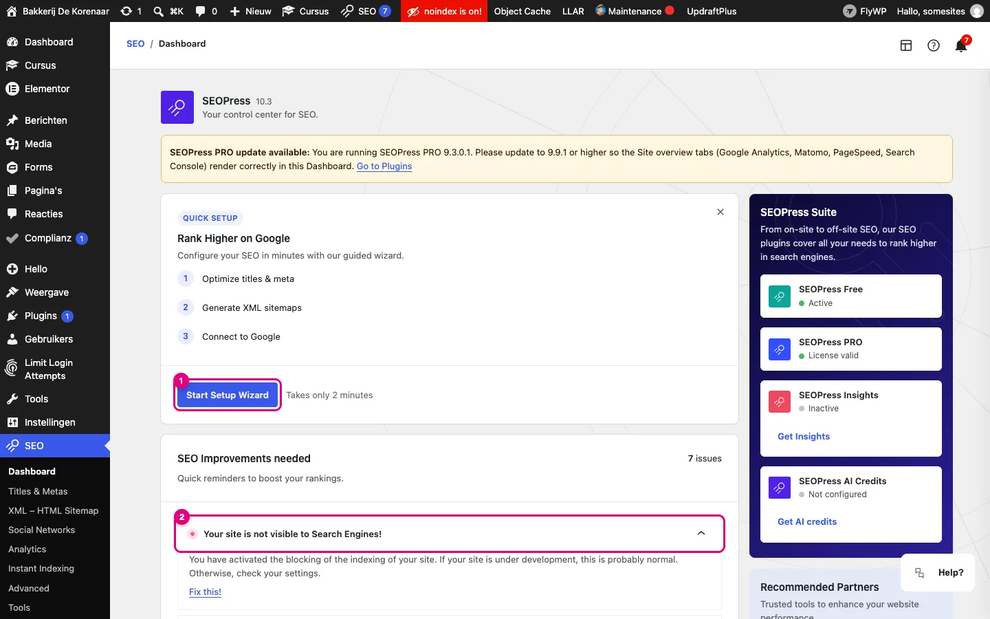 Het dashboard van SEOPress met de knop Start Setup Wizard en de melding Your site is not visible to Search Engines gemarkeerd
