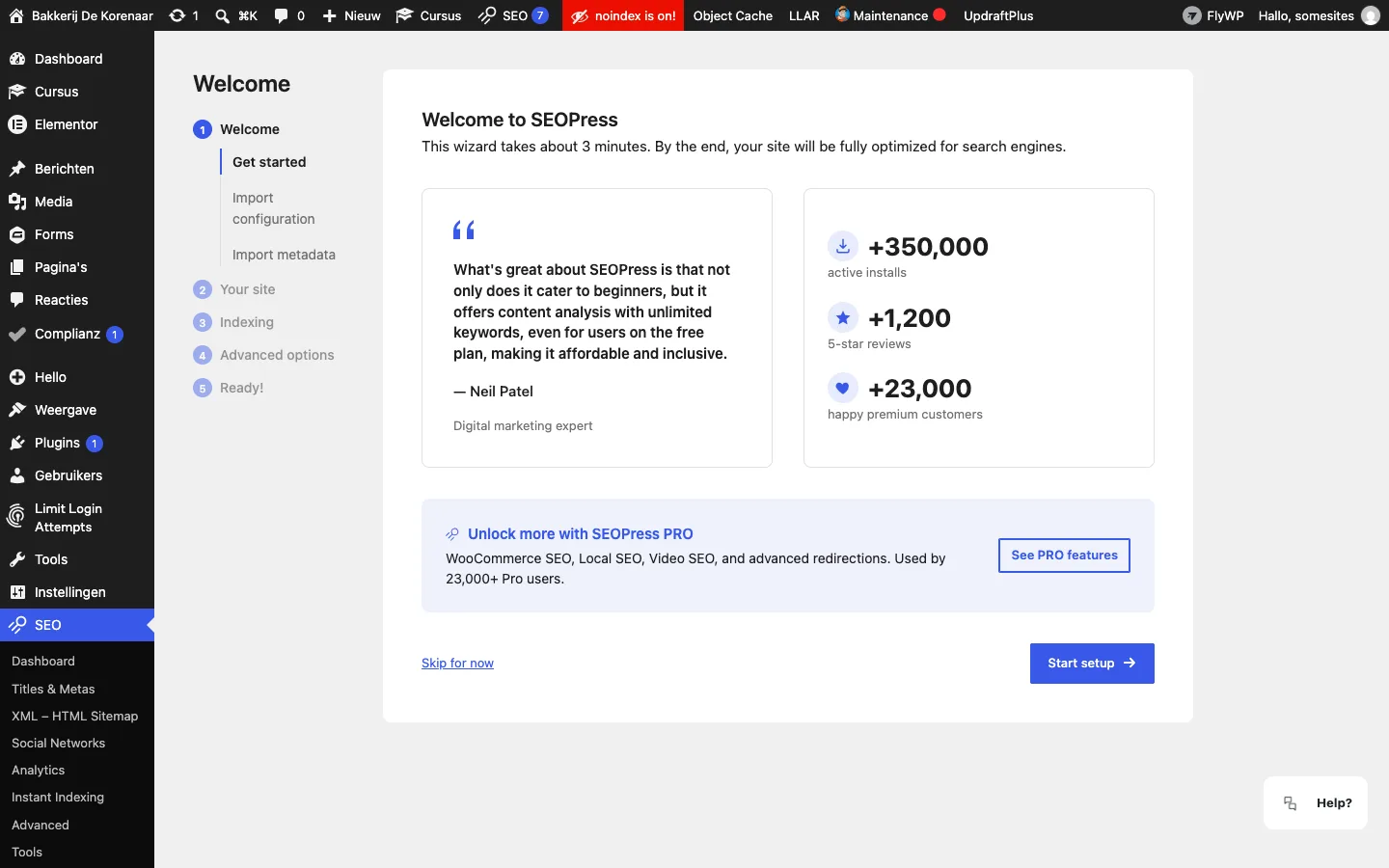 Het welkomstscherm van de SEOPress-wizard met links de stappen Welcome, Your site, Indexing, Advanced options en Ready en rechtsonder de knop Start setup