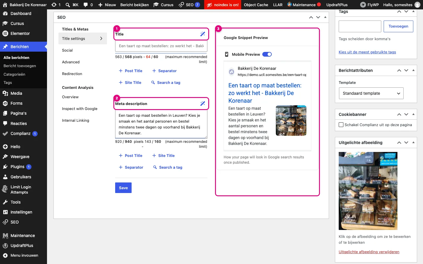 De SEO-metabox onder een bericht met de velden Title en Meta description en rechts de Google Snippet Preview gemarkeerd