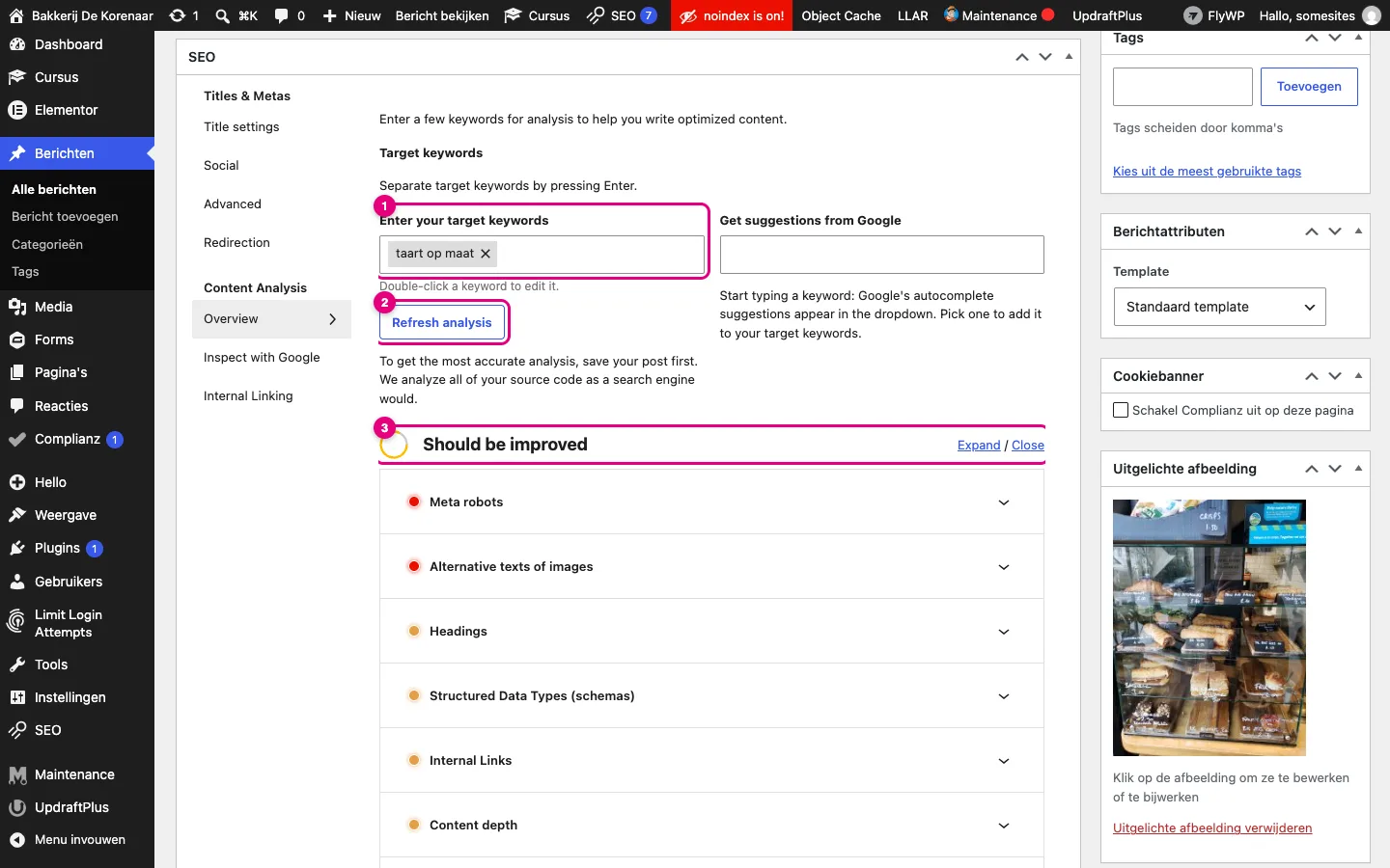 De Content Analysis van SEOPress met het zoekwoord taart op maat, de knop Refresh analysis en het oordeel Should be improved met een lijst controles