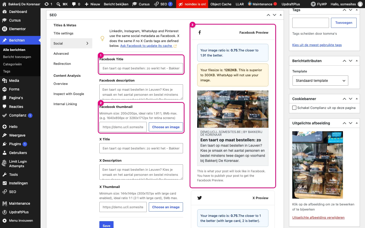 Het onderdeel Social van de SEO-metabox met Facebook Title, Facebook thumbnail en rechts de Facebook Preview met de afbeelding van de taartentoonbank