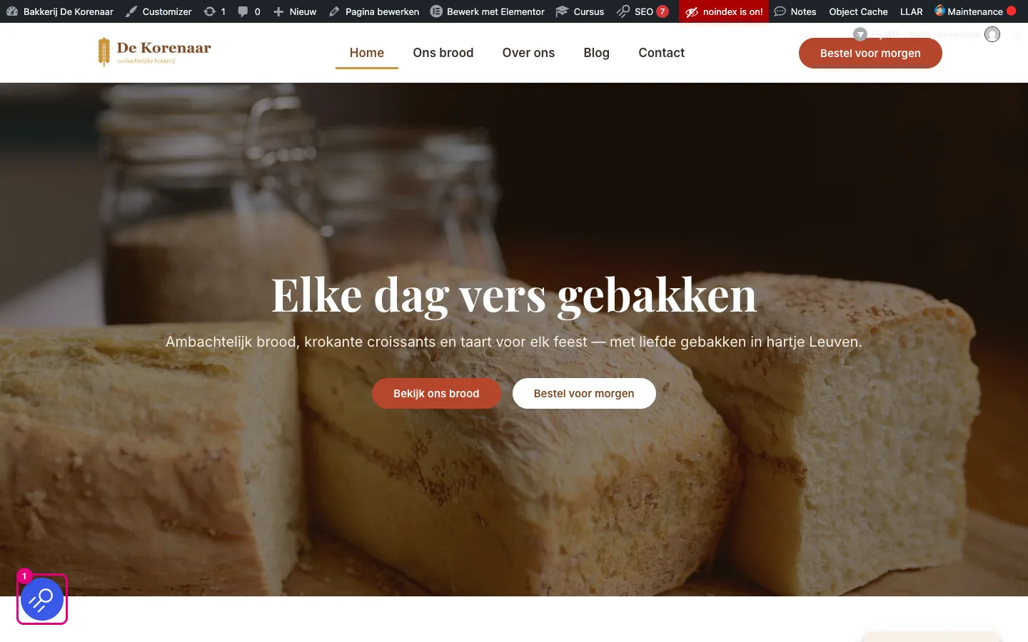 De homepagina van de demosite met linksonder de ronde blauwe SEOPress-knop gemarkeerd