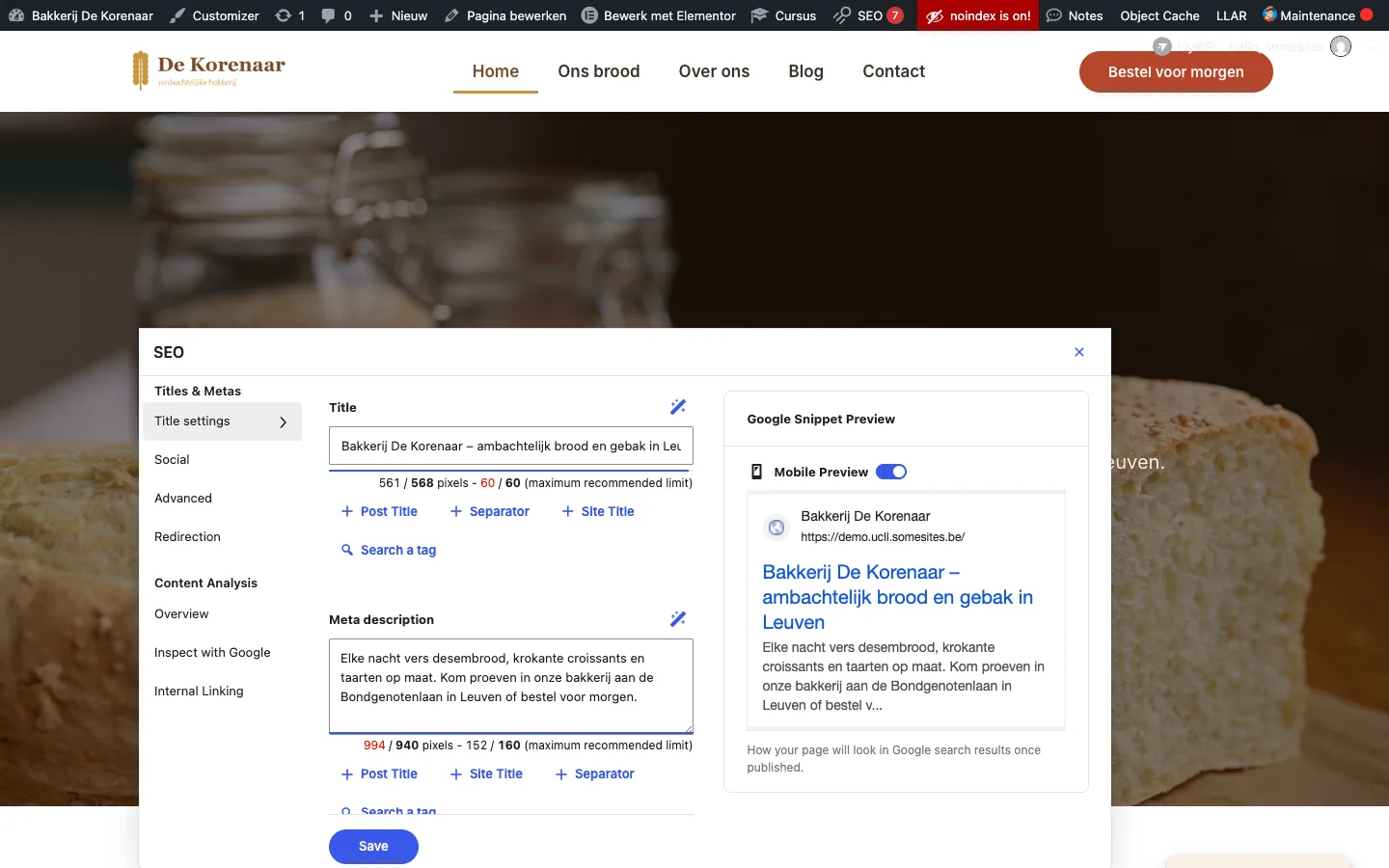 Het SEO-paneel geopend boven de homepagina, met de ingevulde titel en metabeschrijving en de Google Snippet Preview