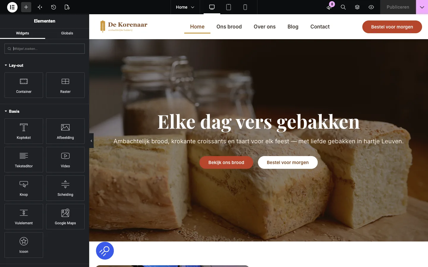 De homepagina geopend in de Elementor-editor met linksonder in het canvas de ronde blauwe SEOPress-knop