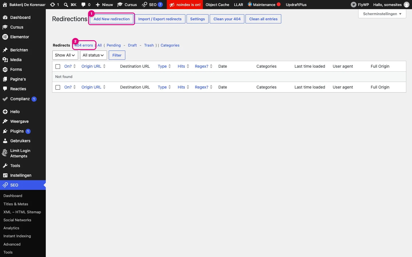 De lijst Redirections met de knop Add New redirection en de link 404 errors gemarkeerd