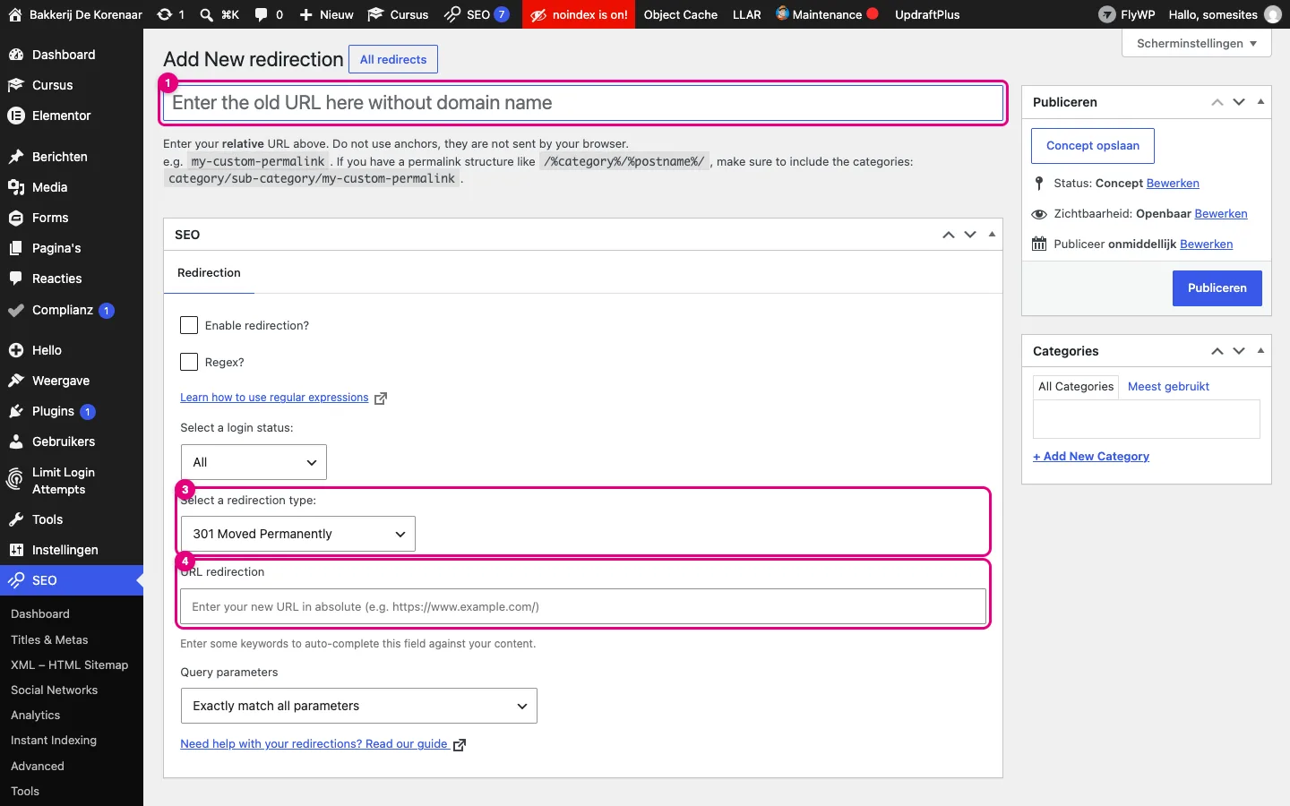 Het scherm Add New redirection met het veld voor het oude adres, het vinkje Enable redirection, het type 301 en het veld URL redirection gemarkeerd