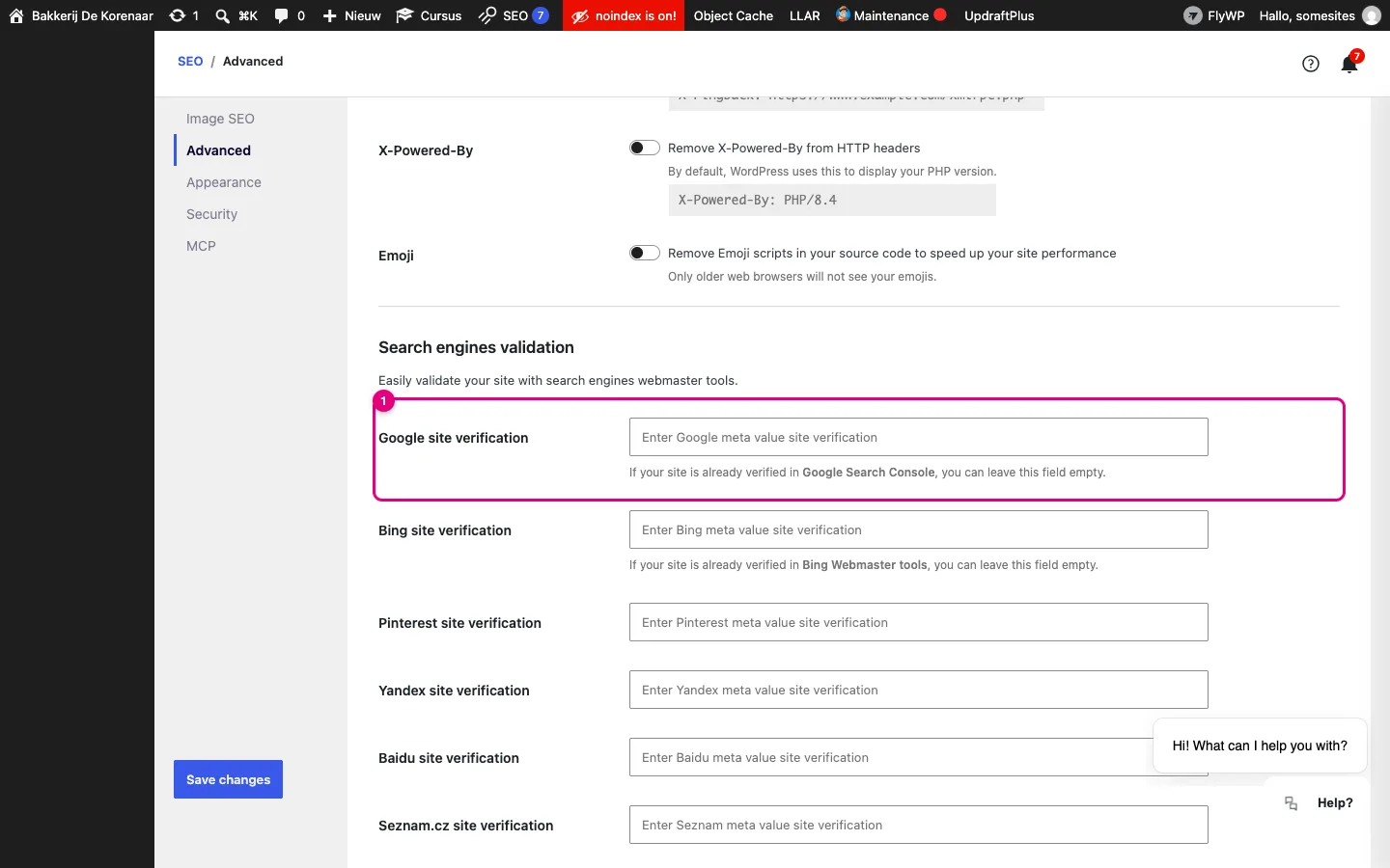 SEO, Advanced, tabblad Advanced, met het veld Google site verification gemarkeerd