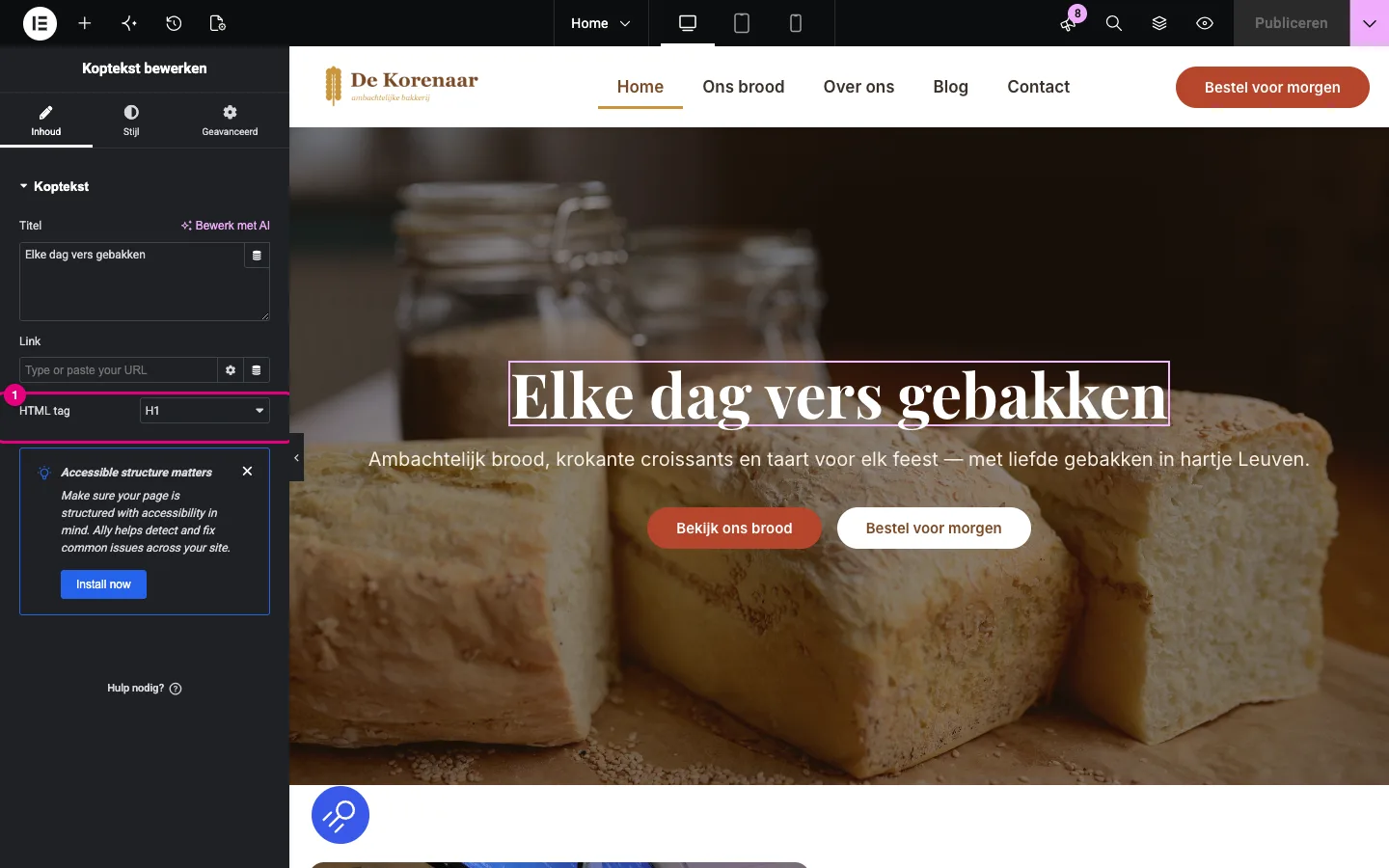 De Elementor-editor met de hoofdtitel Elke dag vers gebakken geselecteerd en links de instelling HTML-tag op H1 gemarkeerd