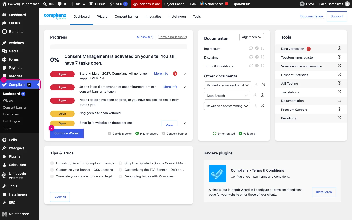 Het Complianz-dashboard met de voortgang op 0% en de knop Continue Wizard