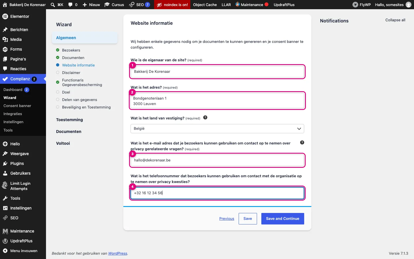 Wizardstap Website informatie met naam, adres, e-mail en telefoon van de bakkerij ingevuld