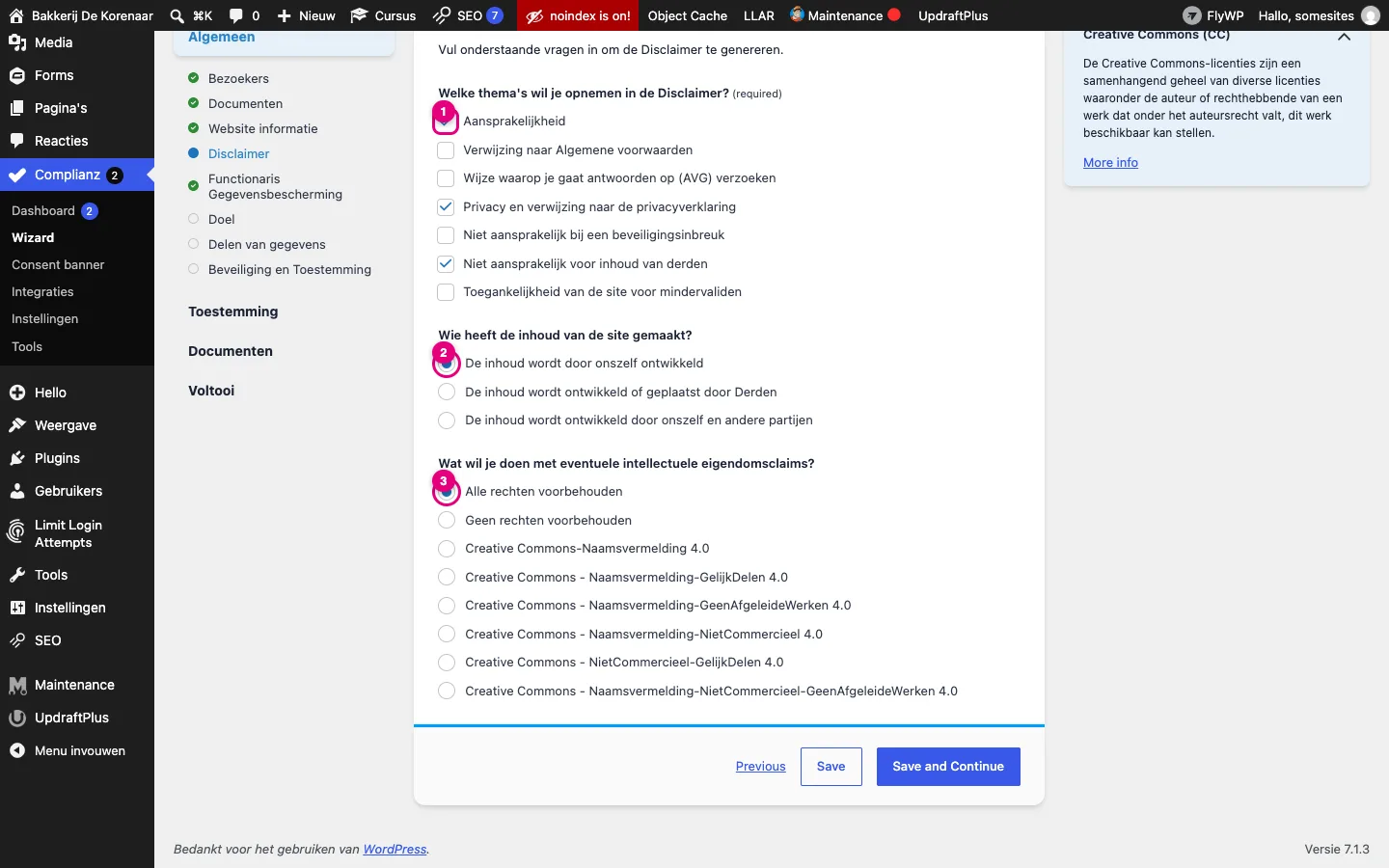 Wizardstap Disclaimer met aangevinkte thema's en Alle rechten voorbehouden
