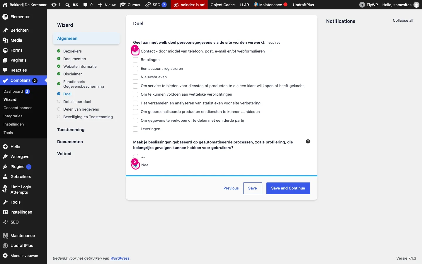 Wizardstap Doel met Contact aangevinkt en Nee bij geautomatiseerde processen