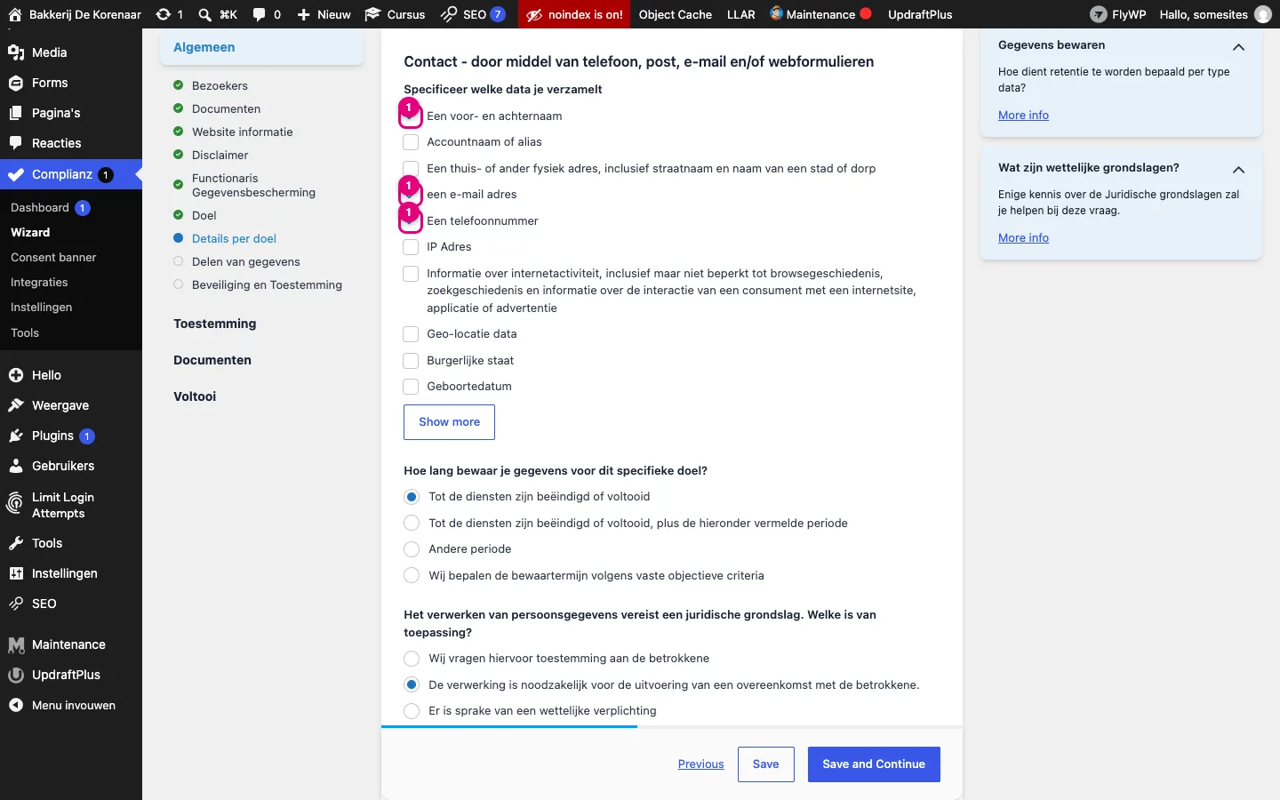 Lijst met soorten persoonsgegevens; naam, e-mailadres en telefoonnummer zijn aangevinkt