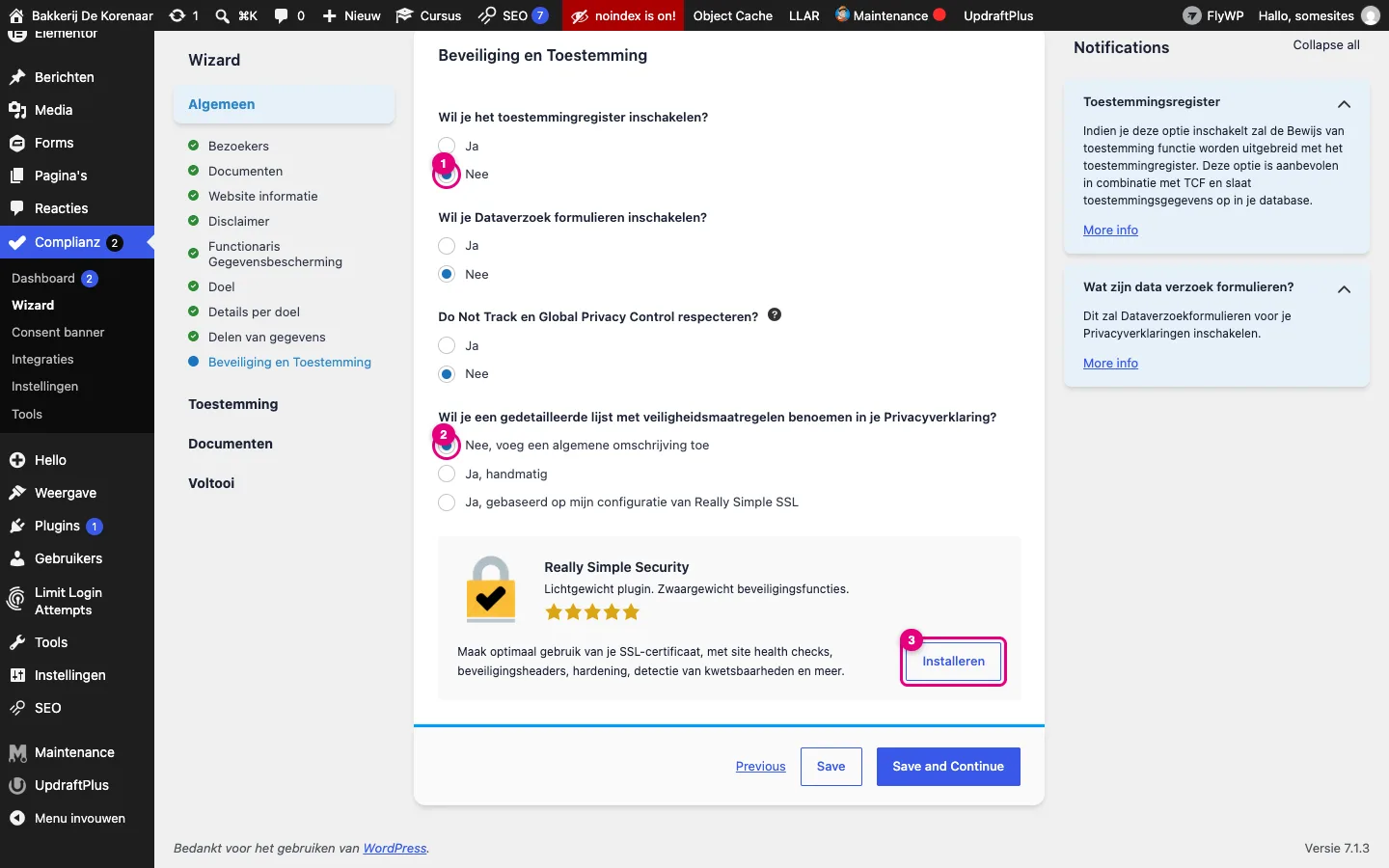 Wizardstap Beveiliging en Toestemming met Nee bij toestemmingsregister en een algemene omschrijving