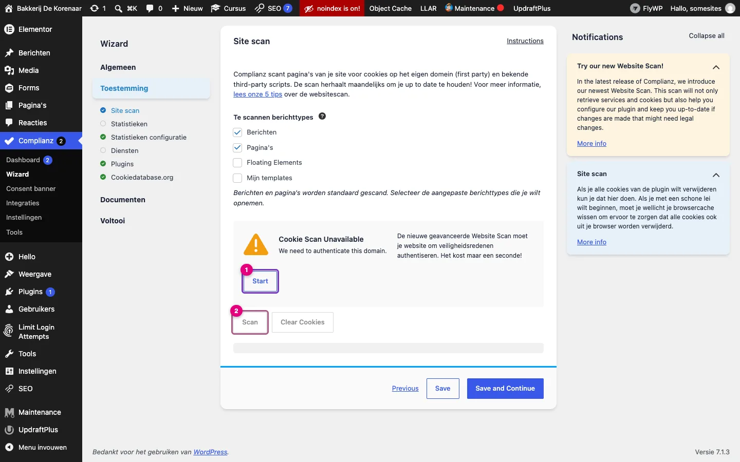 Wizardstap Site scan met de melding Cookie Scan Unavailable en de knoppen Start en Scan
