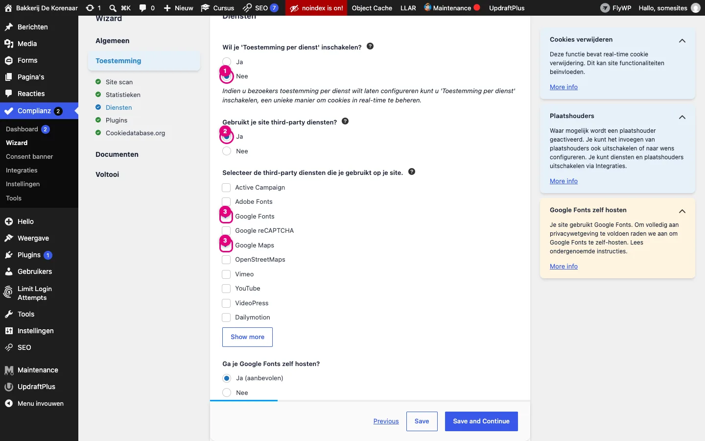 Lijst met third-party diensten waarin Google Fonts en Google Maps aangevinkt zijn