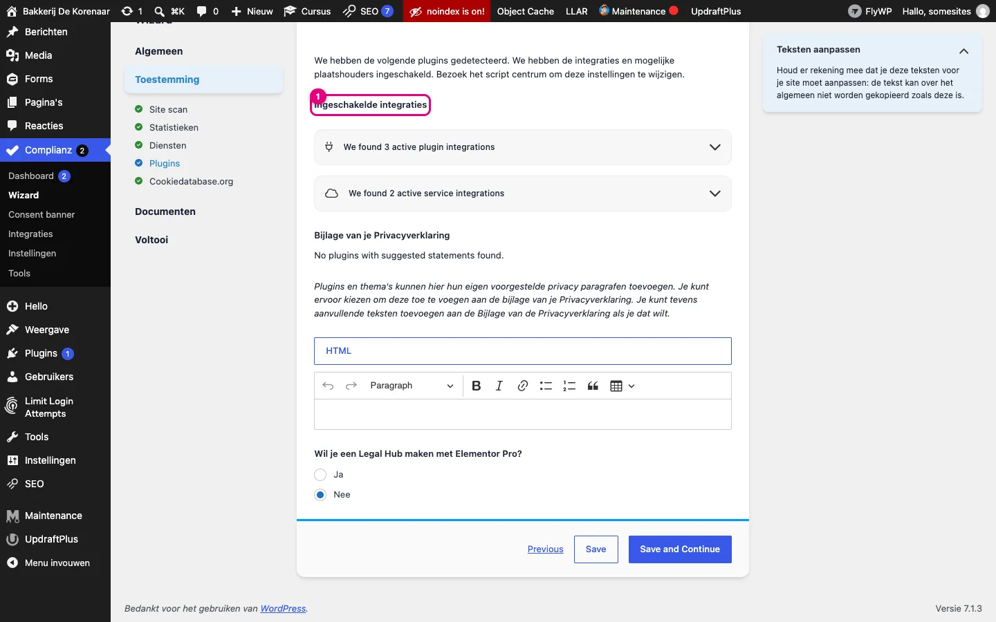 Wizardstap Plugins met de ingeschakelde integraties en de bijlage van de privacyverklaring