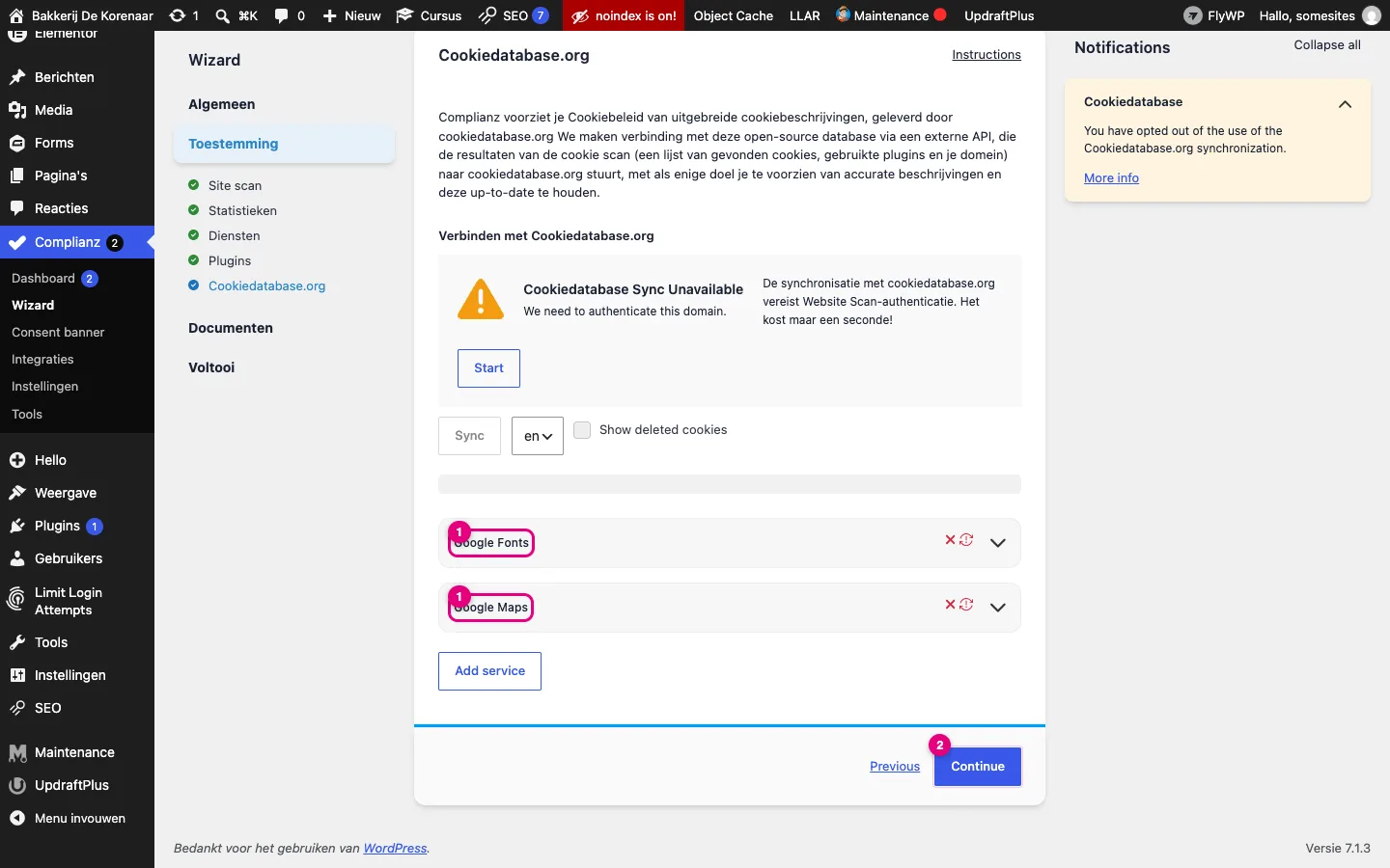Wizardstap Cookiedatabase.org met de diensten Google Fonts en Google Maps