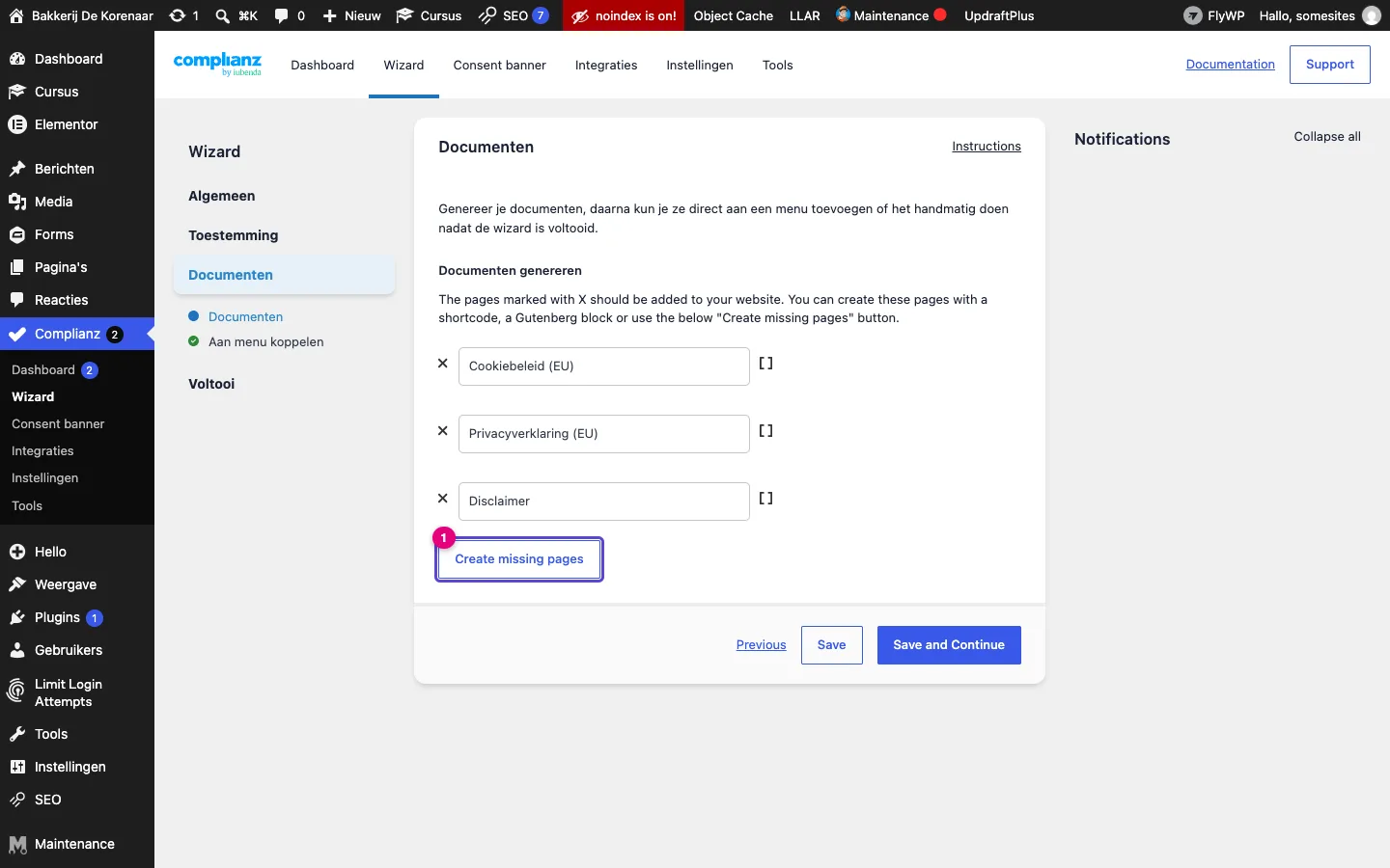 Lijst met drie nog niet bestaande documenten en de knop Create missing pages