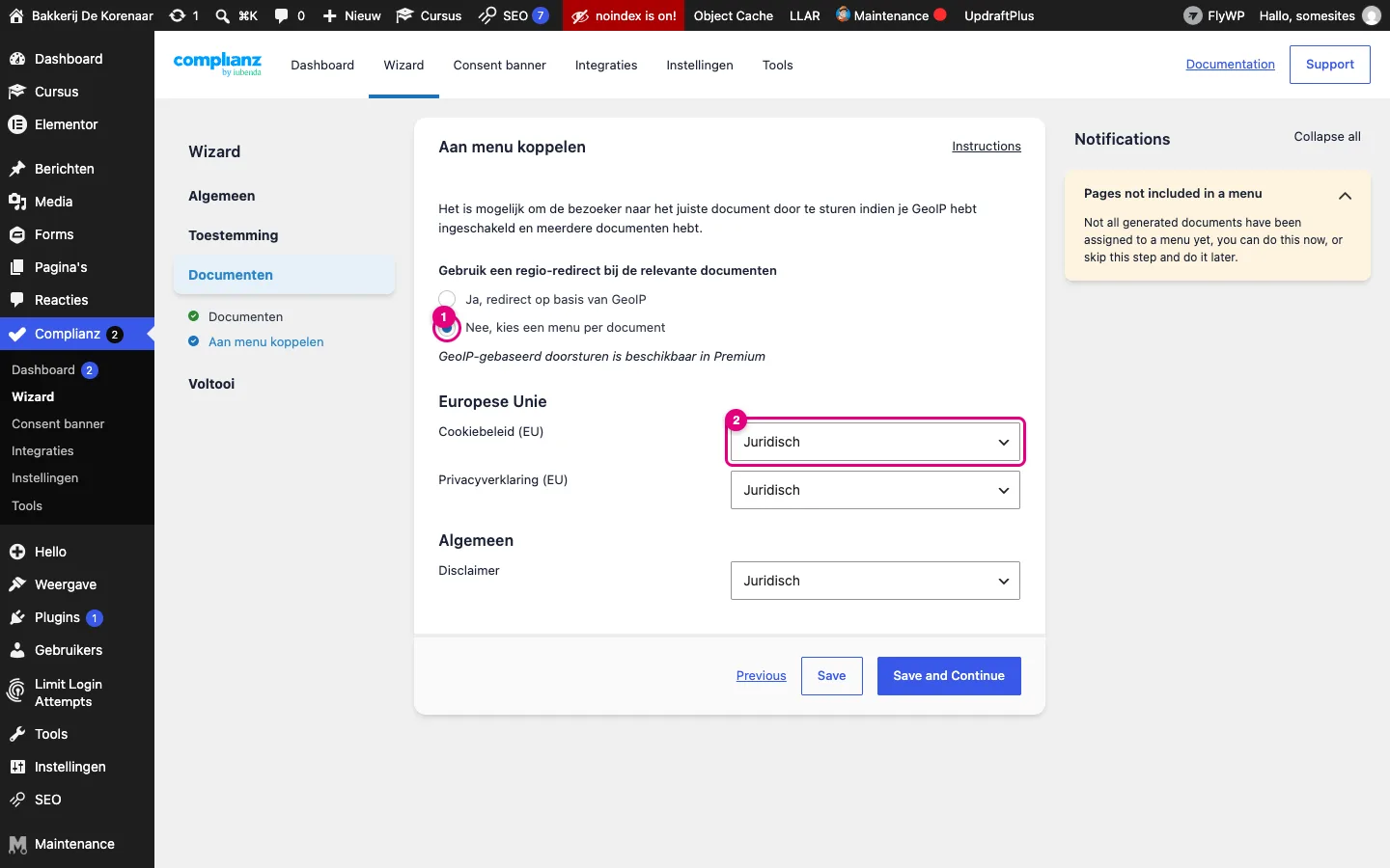 Wizardstap Aan menu koppelen met voor elk document het menu Juridisch gekozen