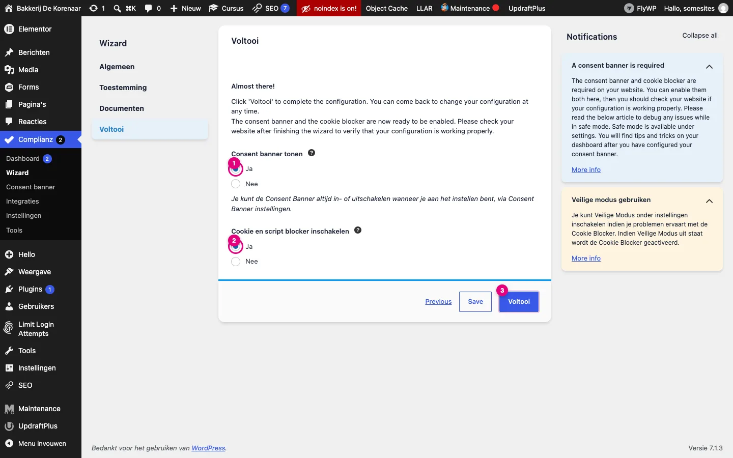 Laatste wizardstap met Ja bij Consent banner tonen en Ja bij Cookie en script blocker