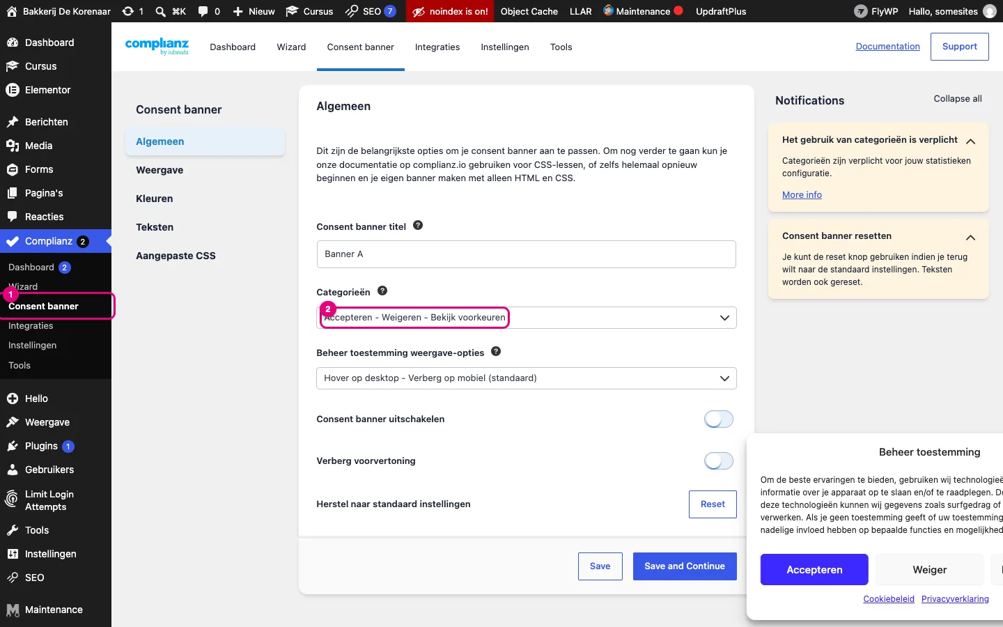 Complianz Consent banner, onderdeel Algemeen, met de banner als voorbeeld rechtsonder