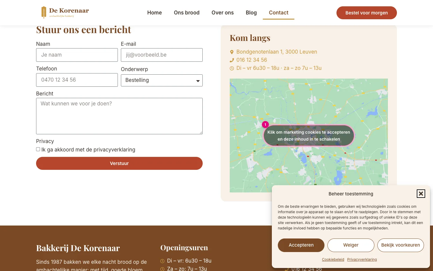 De contactpagina met een geblokkeerde kaart en de knop Klik om marketing cookies te accepteren