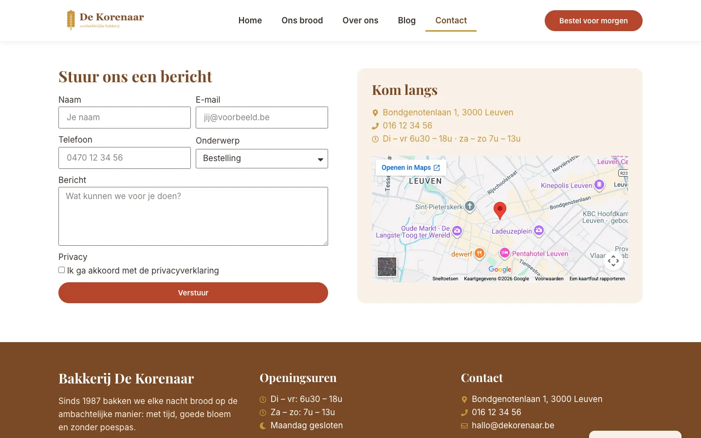 De contactpagina met de werkende Google Maps-kaart na toestemming