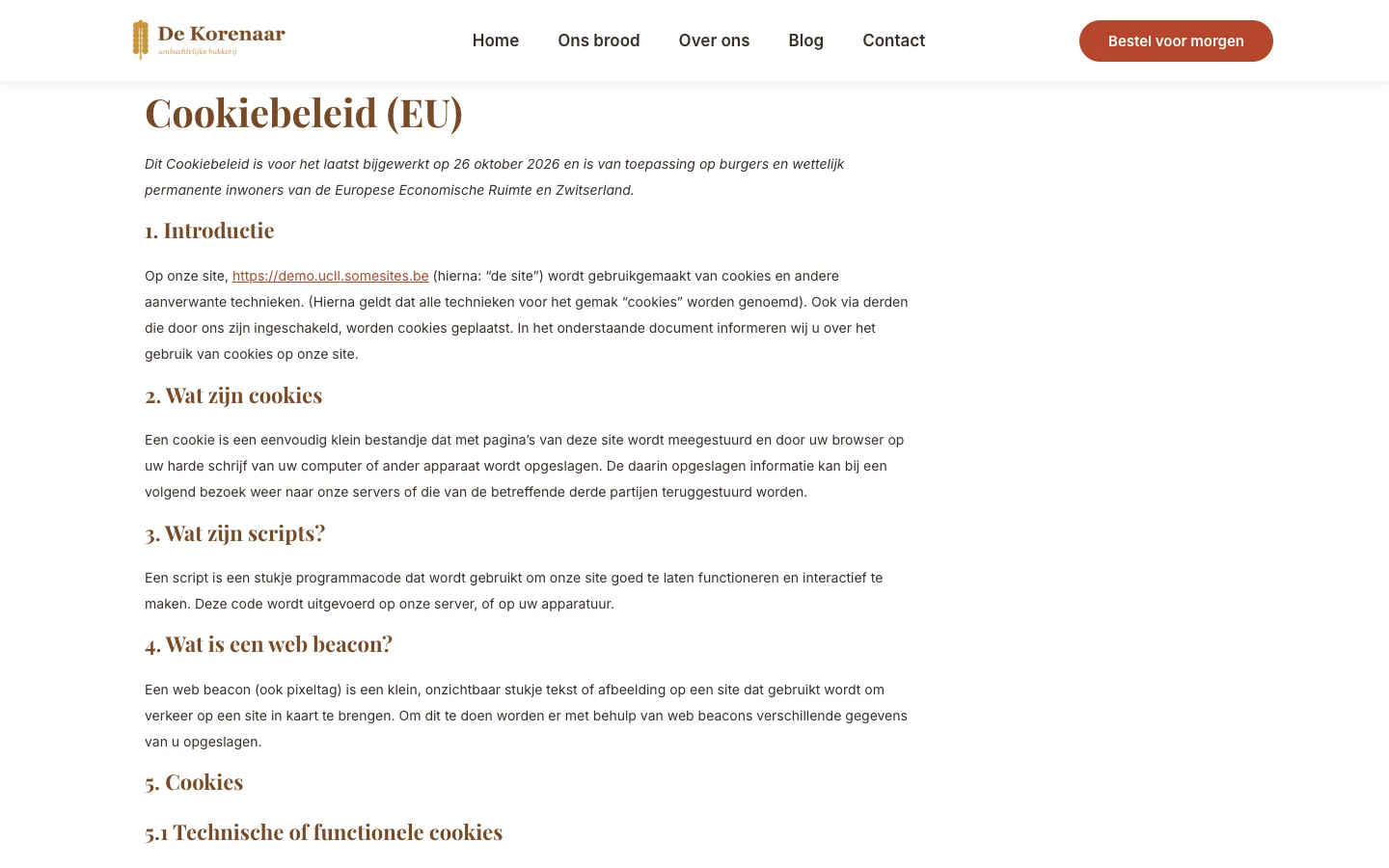 De pagina Cookiebeleid (EU) aan de voorkant van de site