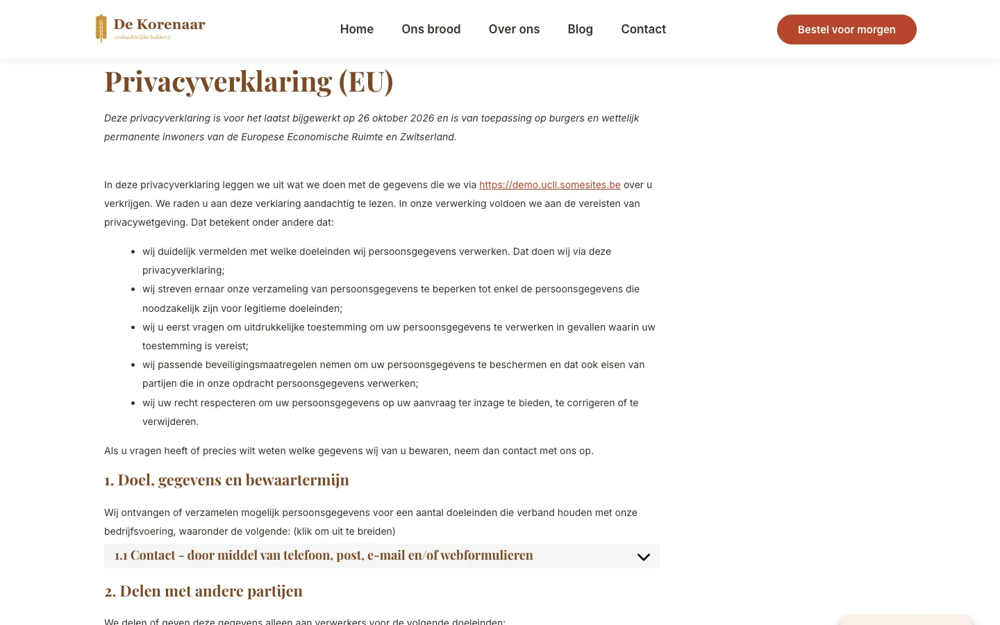 De pagina Privacyverklaring (EU) aan de voorkant met het doel Contact