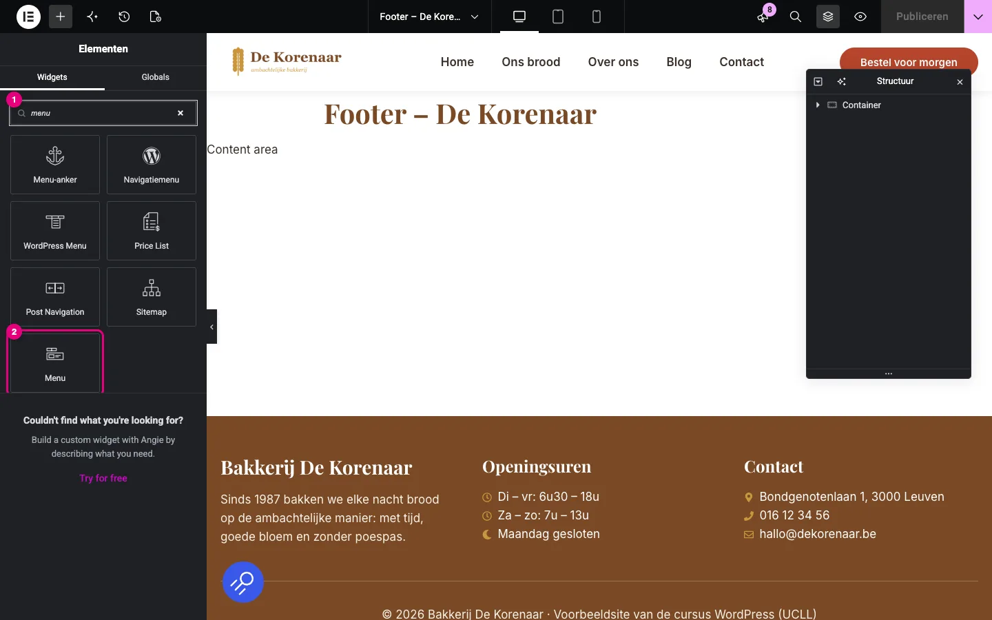 Het footersjabloon in Elementor met de zoekterm menu in het widgetpaneel