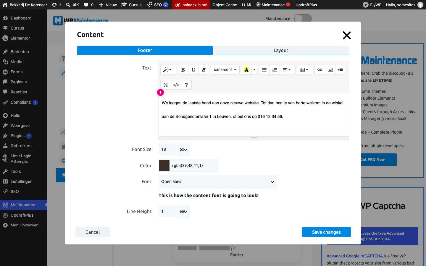 Venster Content met een teksteditor waarin de boodschap van de bakkerij staat