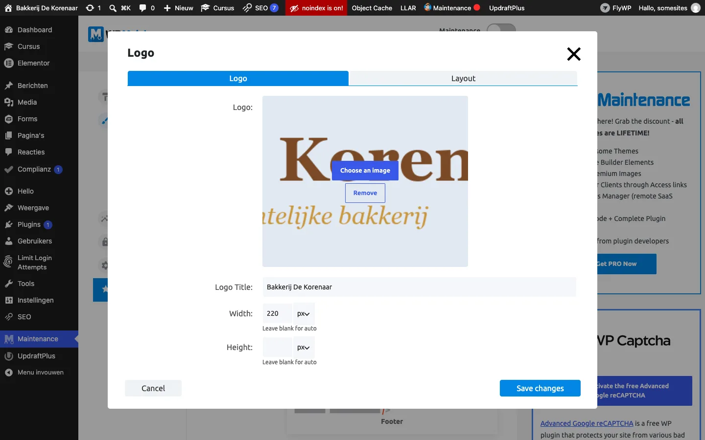 Venster Logo met het logo van De Korenaar, de titel Bakkerij De Korenaar en een breedte van 220