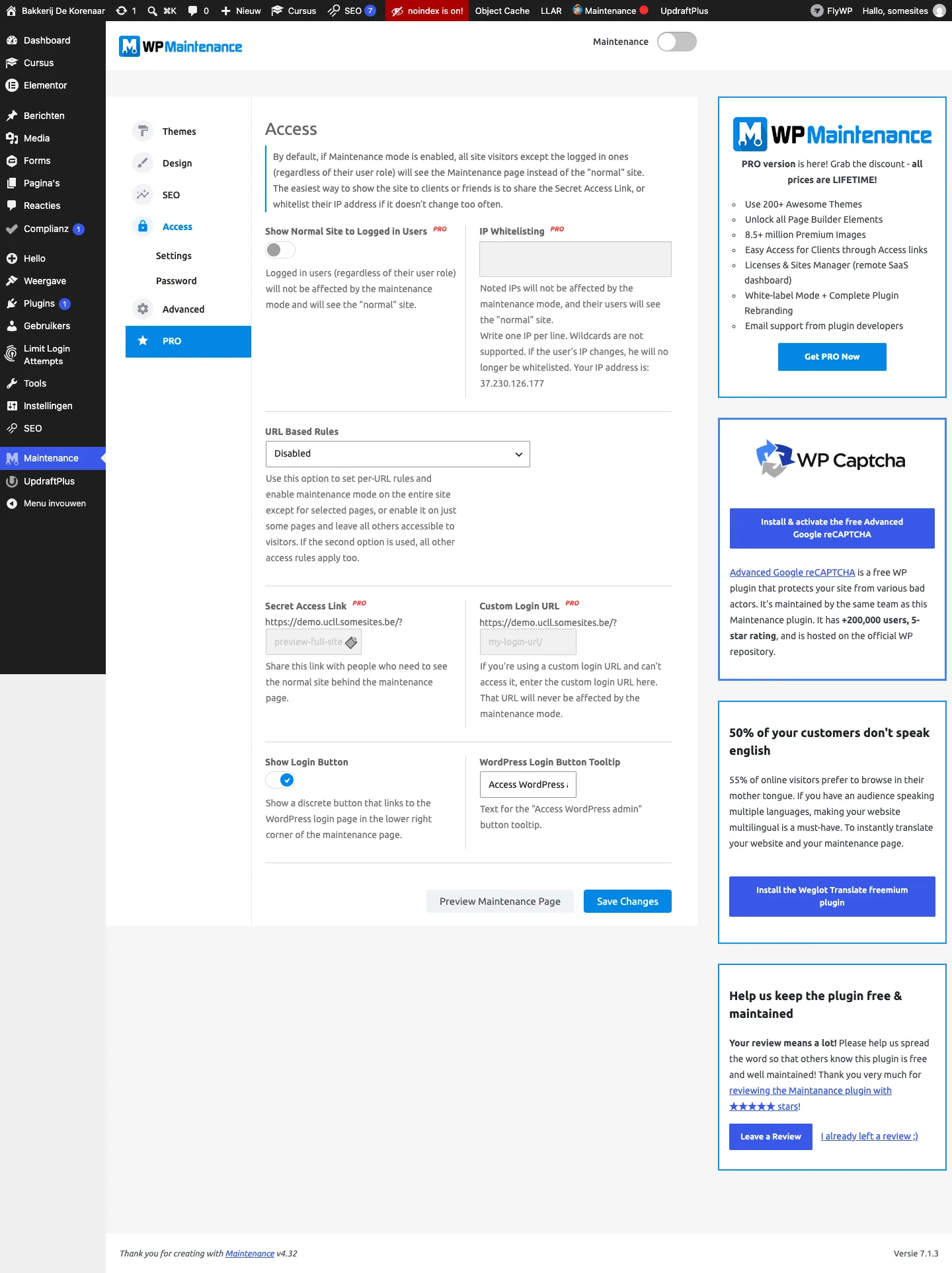 Het onderdeel Access met de uitleg en de optie Show Login Button aangezet