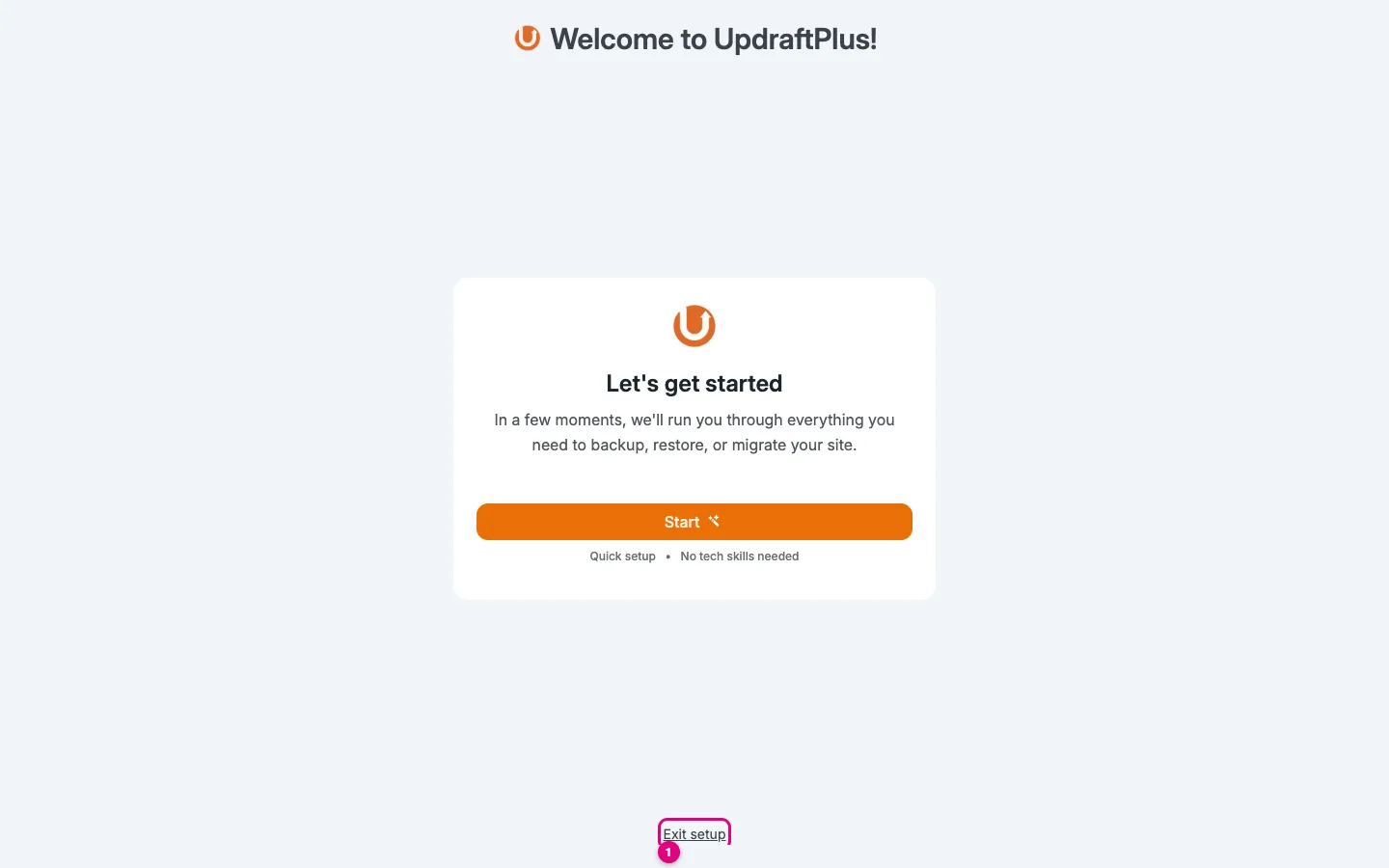 Welkomstscherm van UpdraftPlus met de knop Start en onderaan de link Exit setup