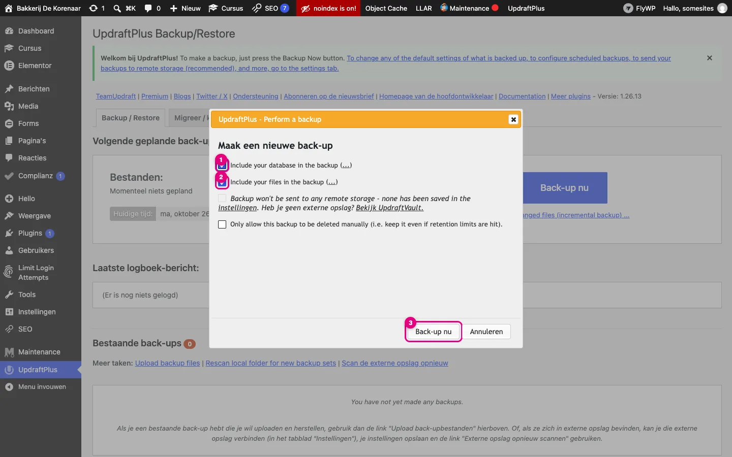 Het venster Maak een nieuwe back-up met database en bestanden aangevinkt