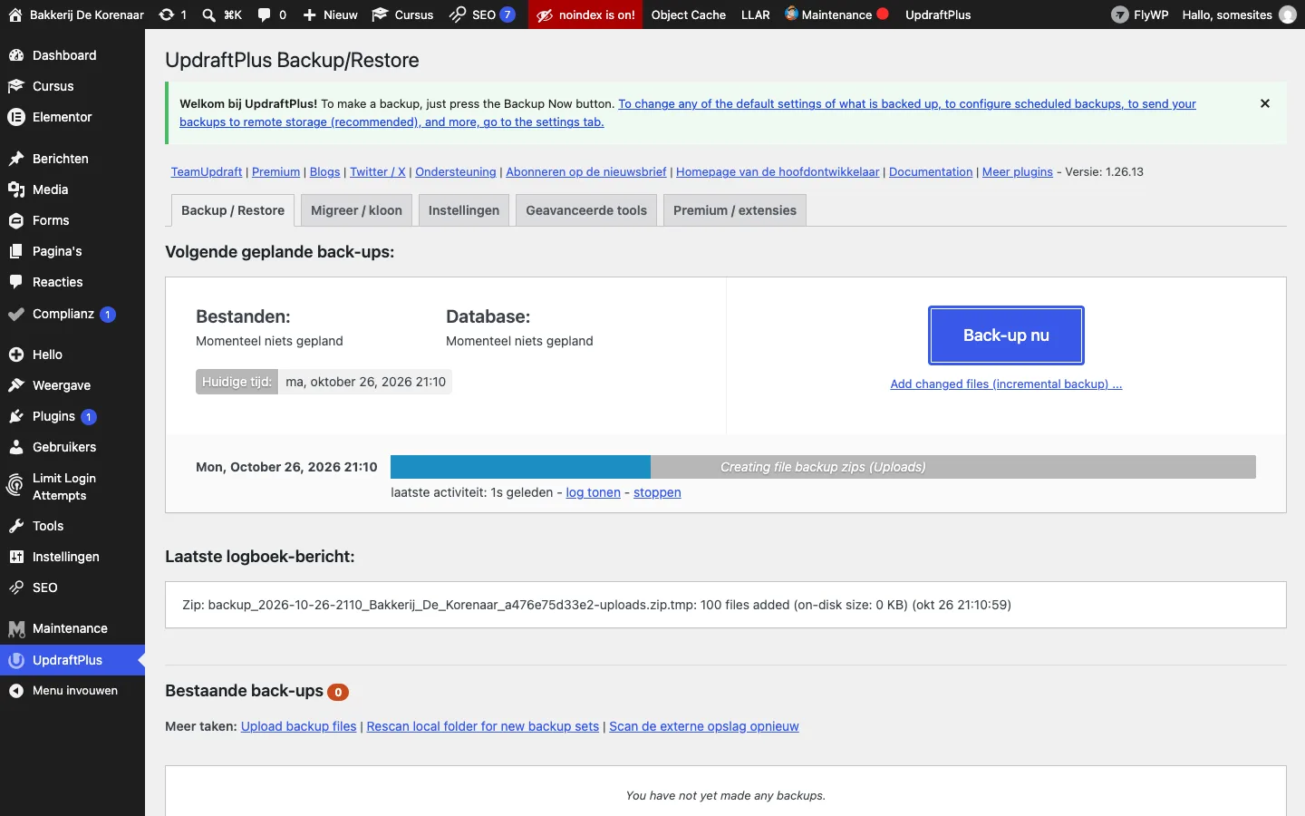 Voortgangsbalk van UpdraftPlus met de tekst Creating file backup zips (Uploads)