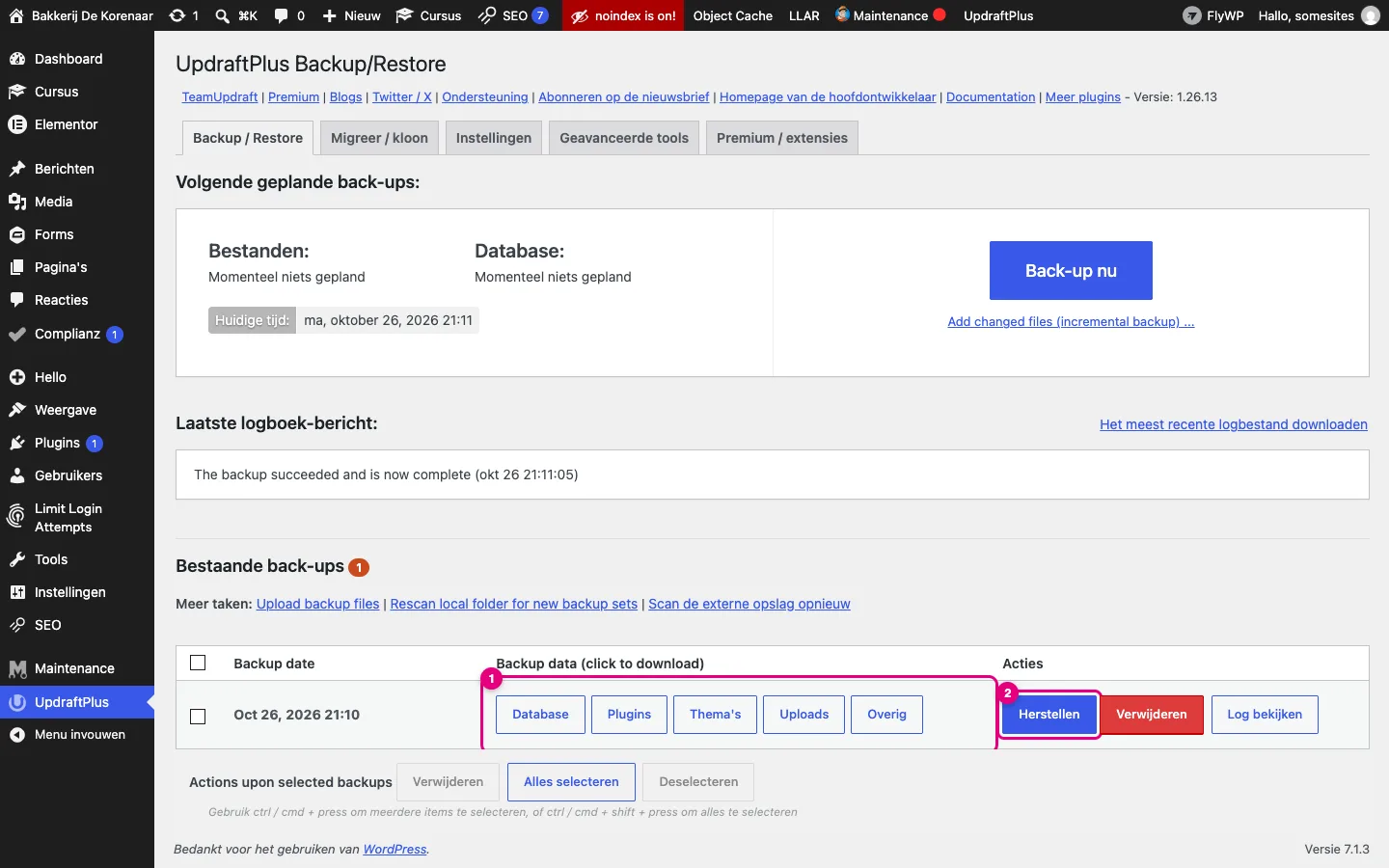 Een back-uprij met de onderdelen Database, Plugins, Thema's, Uploads en Overig en de acties Herstellen, Verwijderen en Log bekijken