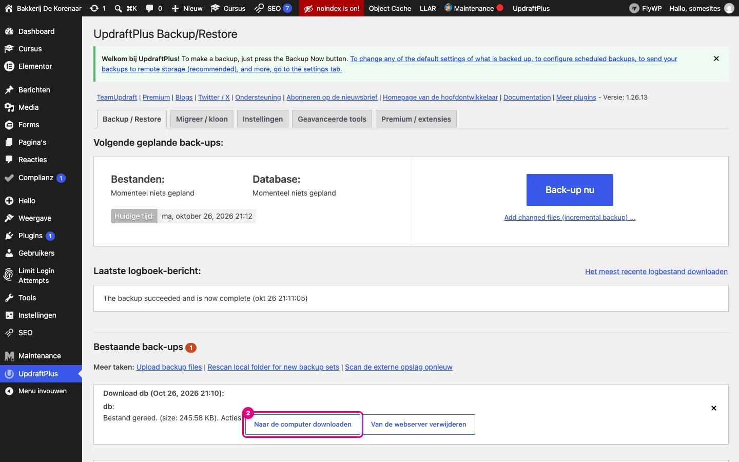 Het downloadblok van de database met de knoppen Naar de computer downloaden en Van de webserver verwijderen