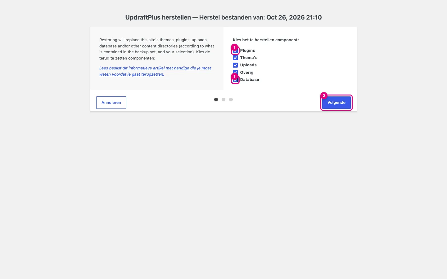 Scherm UpdraftPlus herstellen met vijf aangevinkte onderdelen en de knop Volgende