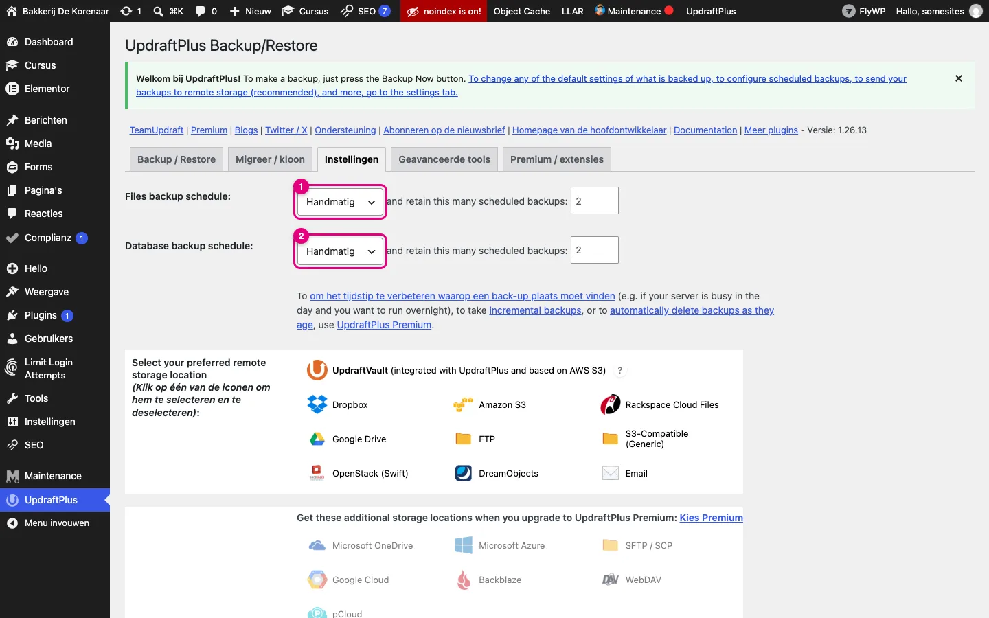 Tabblad Instellingen met de keuzelijsten Files backup schedule en Database backup schedule op Handmatig